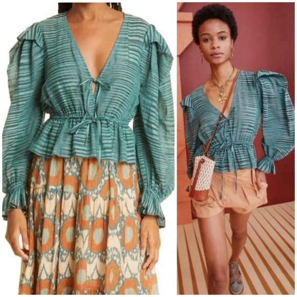 ULLA JOHNSON Ophelia gathered striped cotton-voile peplum blouse SZ US 4 - Picture 2 of 9